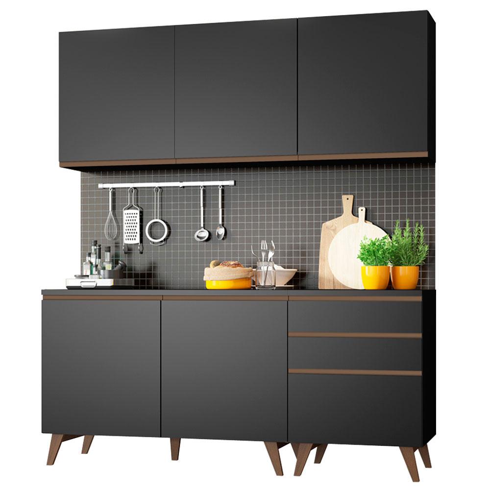 Miniatura Armário de Cozinha Compacta Madesa Reims com Balcão 5 Portas 3 Gavetas Preto Preto