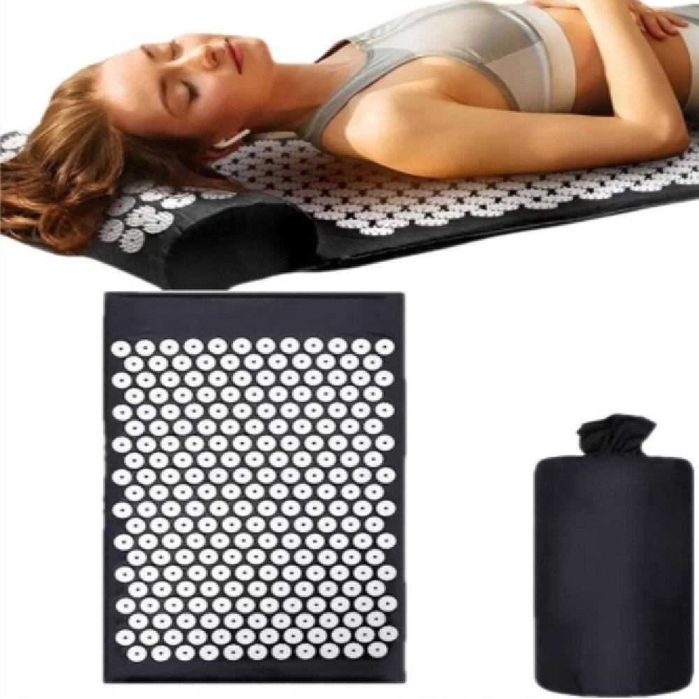 Kit Tapete Acupuntura Acupressao Com Colchonete Almofada Travesseiro Massageador Relaxamento Yoga Preto