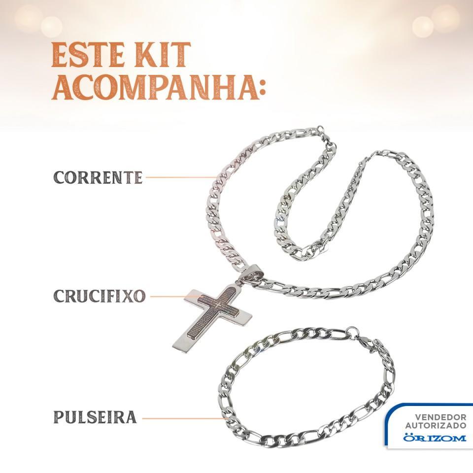 Miniatura Kit Masculino Colar Crucifixo Aço Inox  +