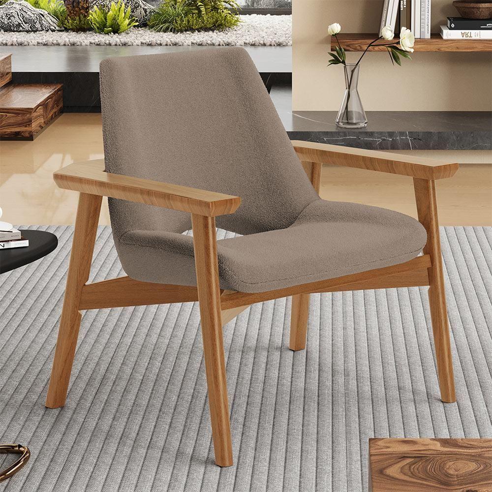 Poltrona Decorativa Para Sala De Estar Living Base Madeira Becker L02 Bouclê Bege - Lyam Decor