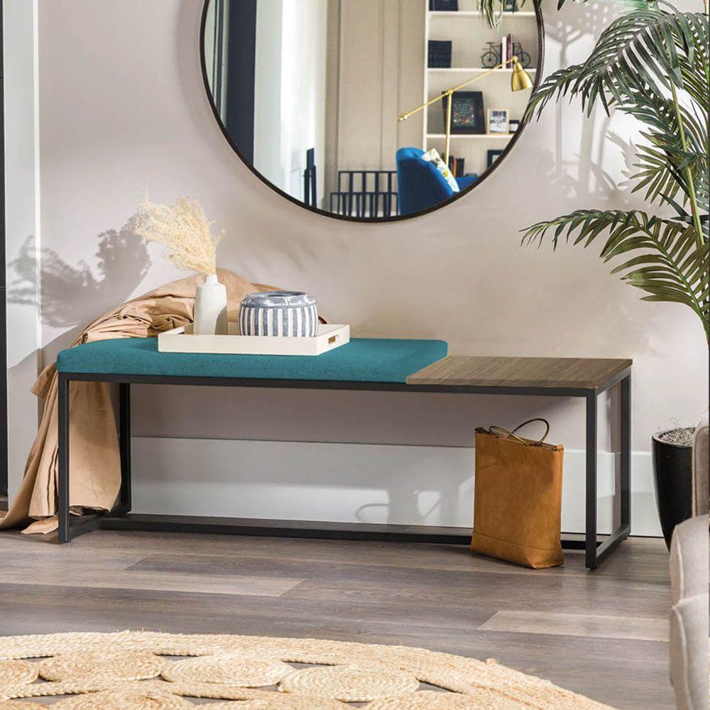 Miniatura Banco Recamier Puff 140cm Industrial Preto Suede Azul Turquesa Tampo Quadrado Mdf Castanho