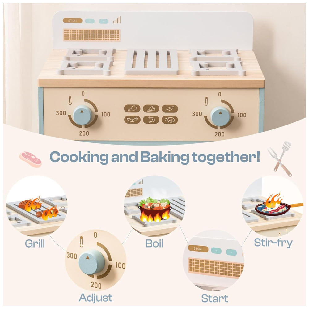 Forno de Cozinha Educativa de Brincar em Madeira ROBUD, com Mini Cupcakes e Pizza, para Crianças - Brinquedo Realista de Forno de Madeira