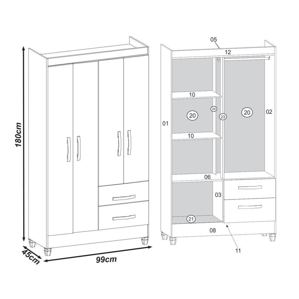 Miniatura Guarda-Roupas com 4 Portas e 2 Gavetas Multimóveis CR35138 Branco Brilho