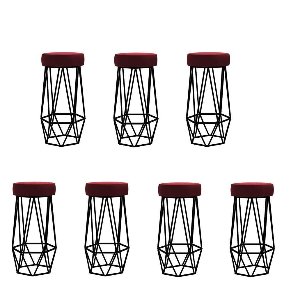 Miniatura Kit 07 Banqueta Com Encosto Mhara Hexágono Cozinha Bar Ferro Preto Suede Vermelho - Amey Decor