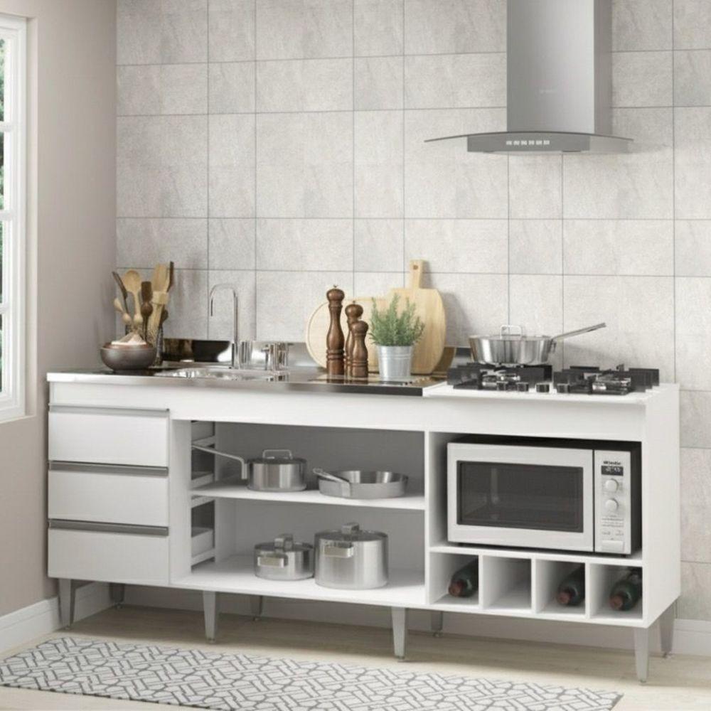 Kit Armário De Cozinha Para Pia 120cm E Balcão Para Cooktop 4 Bocas Menu Móveis Branco