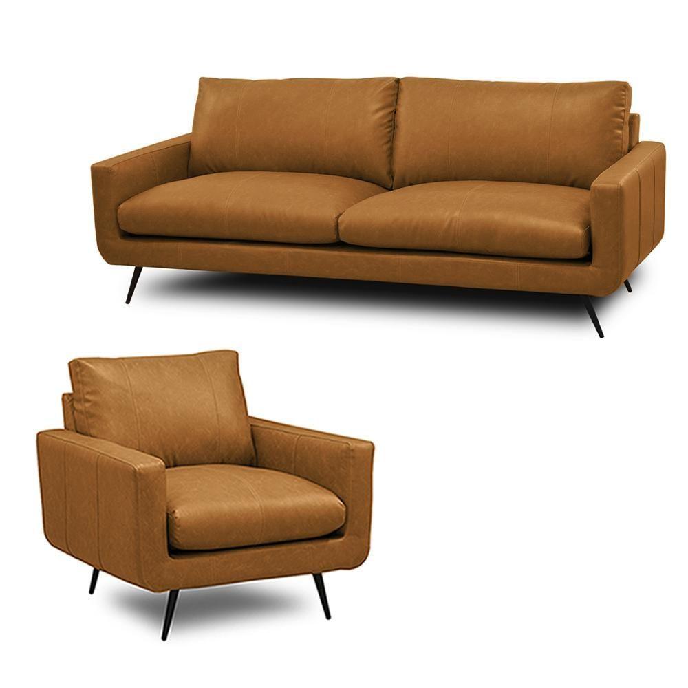 Miniatura Conjunto Sala De Estar Paloma 1 Sofá 2 Lugares 183cm 1 Poltrona Couro Caramelo Manchado