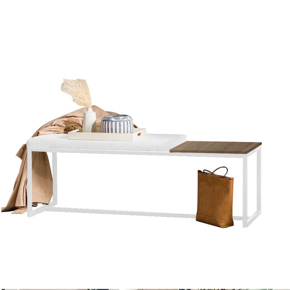 Miniatura Banco Recamier Puff 160cm Industrial Branco Suede Branco Tampo Quadrado Mdf Nogal
