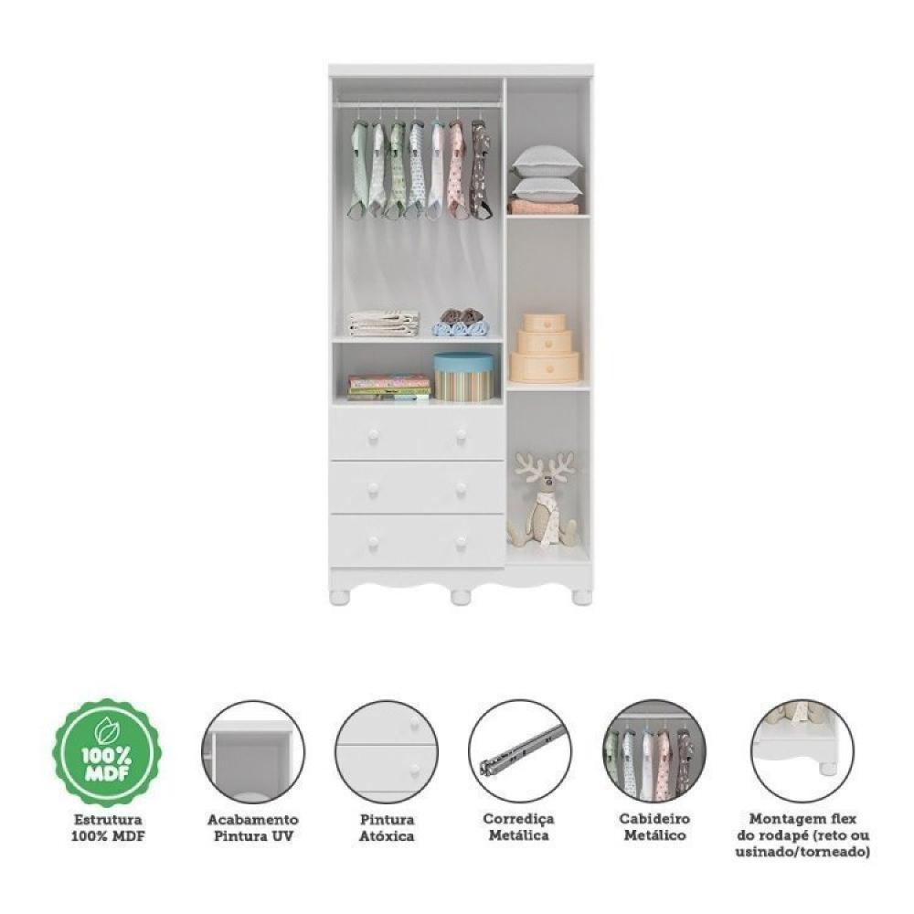 Conjunto para Quarto de Bebê Guarda Roupa 3 Portas Cômoda 4 Gavetas Pipoca Móveis Peroba Branco Brilho