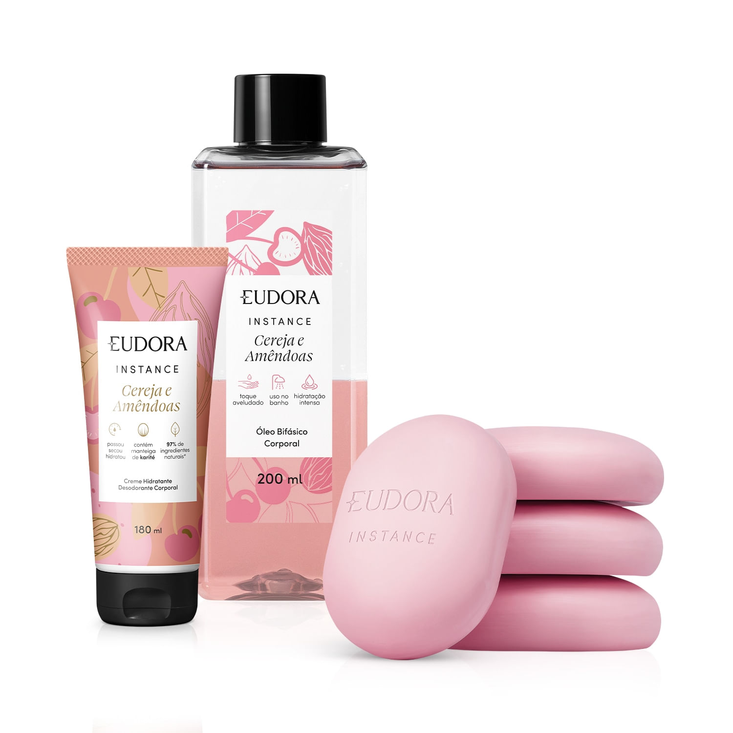 Miniatura Kit Instance Cereja e Amêndoas: Óleo Corporal 200ml + Loção Corporal 180ml + Sabonete em Barra 80g