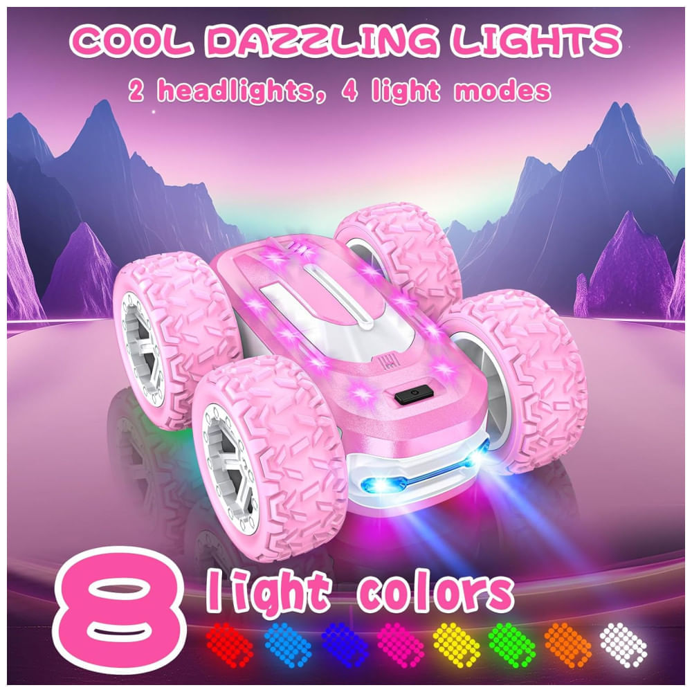Miniatura Carrinho de Controle Remoto Rosa para Meninas, Carro RC com Adesivos Personalizáveis, Luzes Coloridas e Acrobacias 4WD - 360° de Giro,Kazswitle