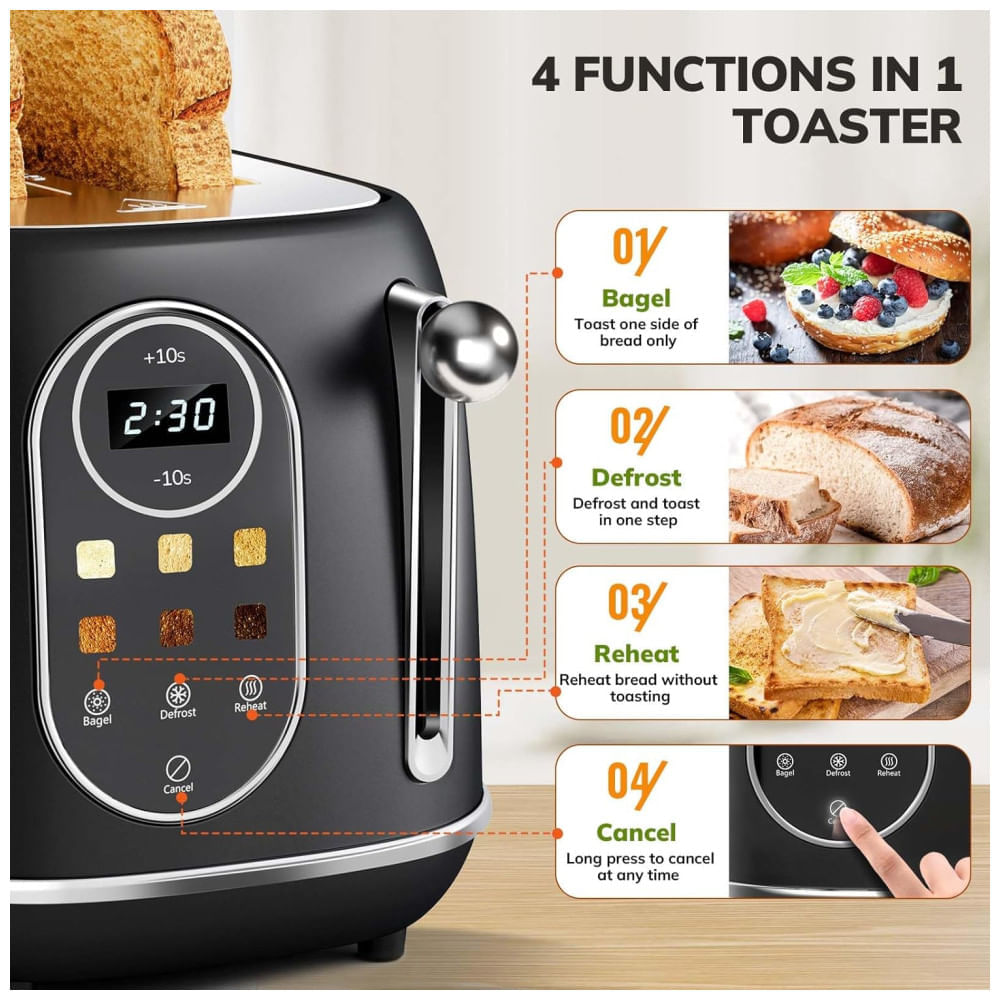 Miniatura Torradeira 2 Fatias com Painel Digital, Recursos para Bagel e 6 Nveis de Tostagem, 110V 800W, Keenstone, Preta 110v