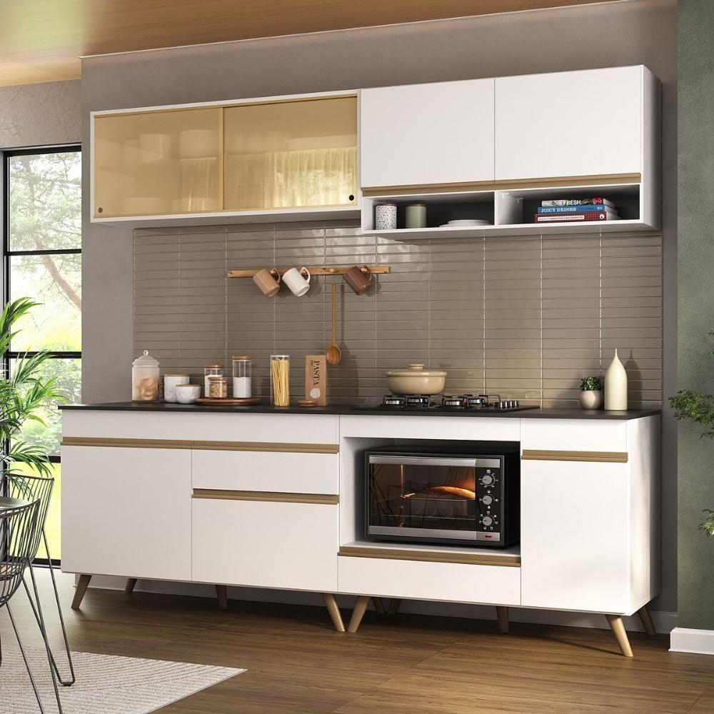 Miniatura Armário De Cozinha Modulada Compacta 225cm Com Balcão Para Cooktop Veneza Multimóveis Mp2263 Branco/dourado