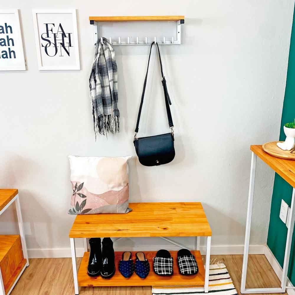 Sapateira Banco Style De Ferro E Madeira Industrial Carvalho E Branco