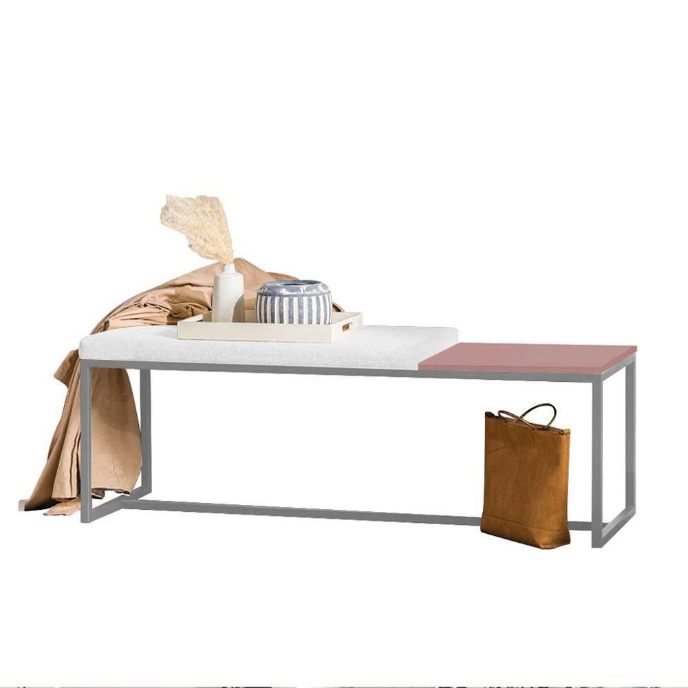 Miniatura Banco Recamier Puff London 140cm Industrial Prata Suede Branco Tampo Quadrado Mdf Rose