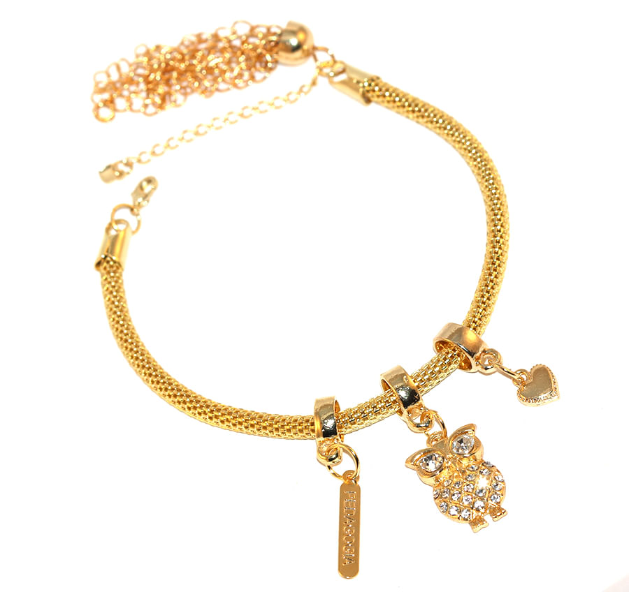 Miniatura Pulseira Berloque Pedagogia Coruja Coração Folheado 18k