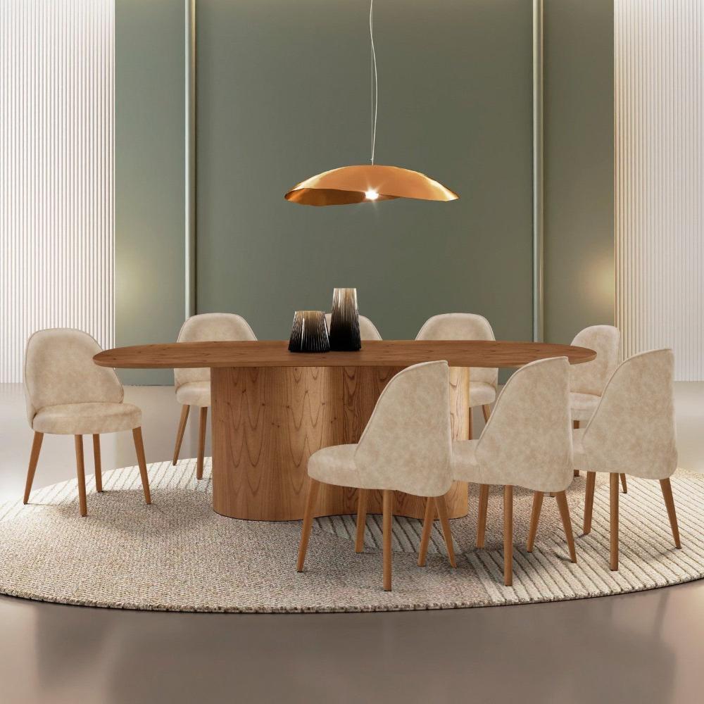 Miniatura Mesa de Jantar Ester 220cm Madeira Tampo Laminado Orgânico com 8 Cadeiras Ester Milano/Imbuia Natural
