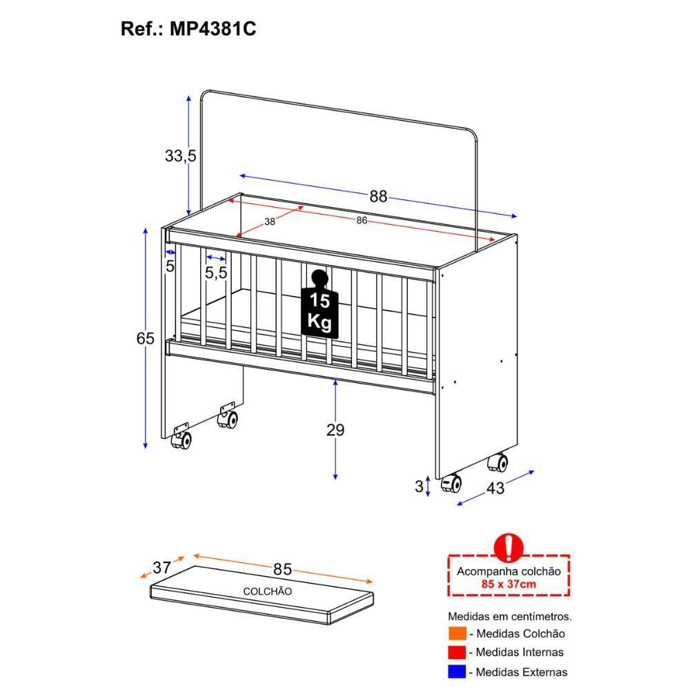 Miniatura Mini Berço Moisés Com Colchão Incluso E Rodízios Multimóveis Mp4381c Branco
