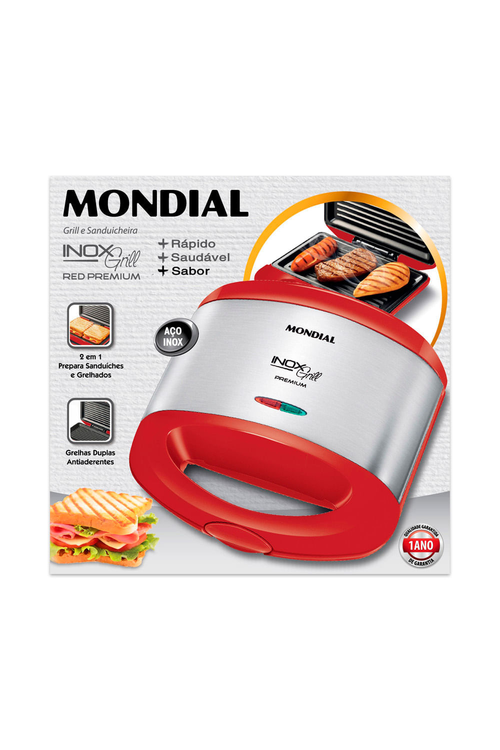 Grill e Sanduicheira Mondial Inox Red S19 Vermelha Inox - 800W 127V