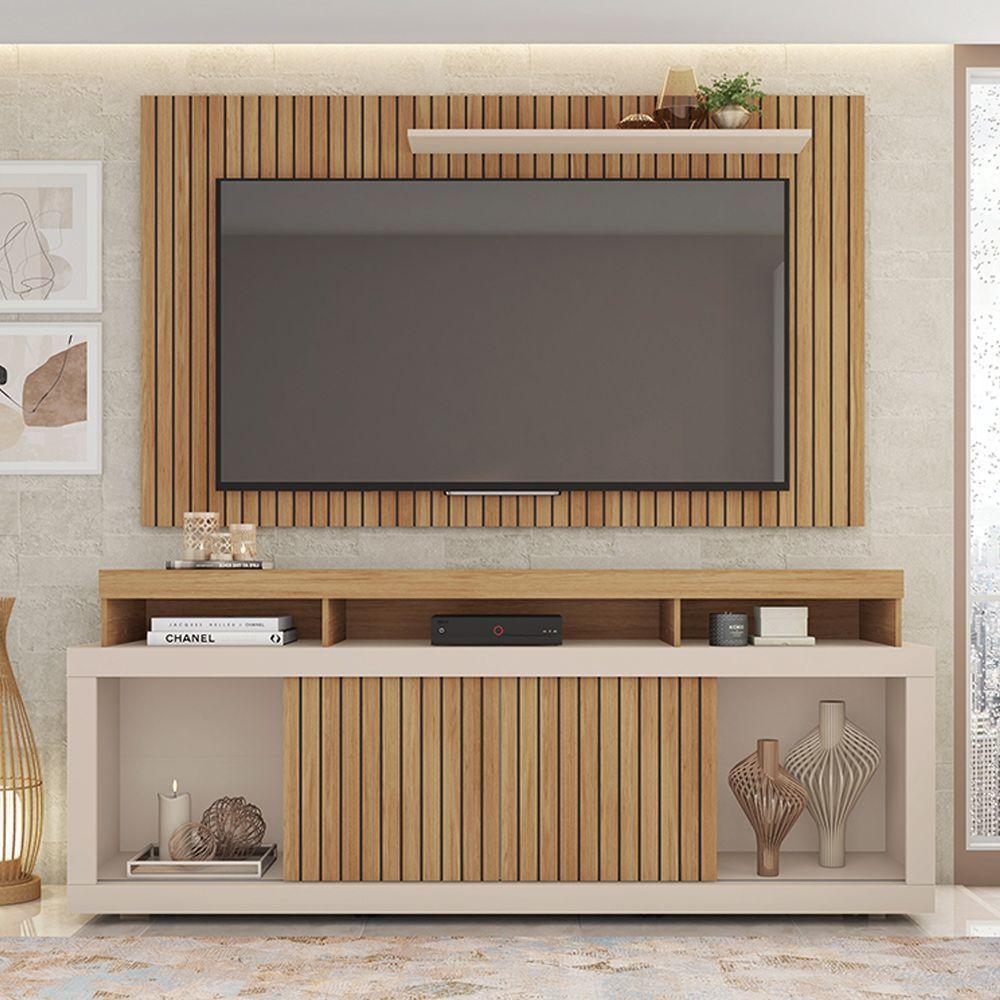 Conjunto Decorativo Rack E Bancada Brendan Mdf/mdp Ripado Para Tv 55 Pol. Buriti/offwhite G11 - Gran Belo
