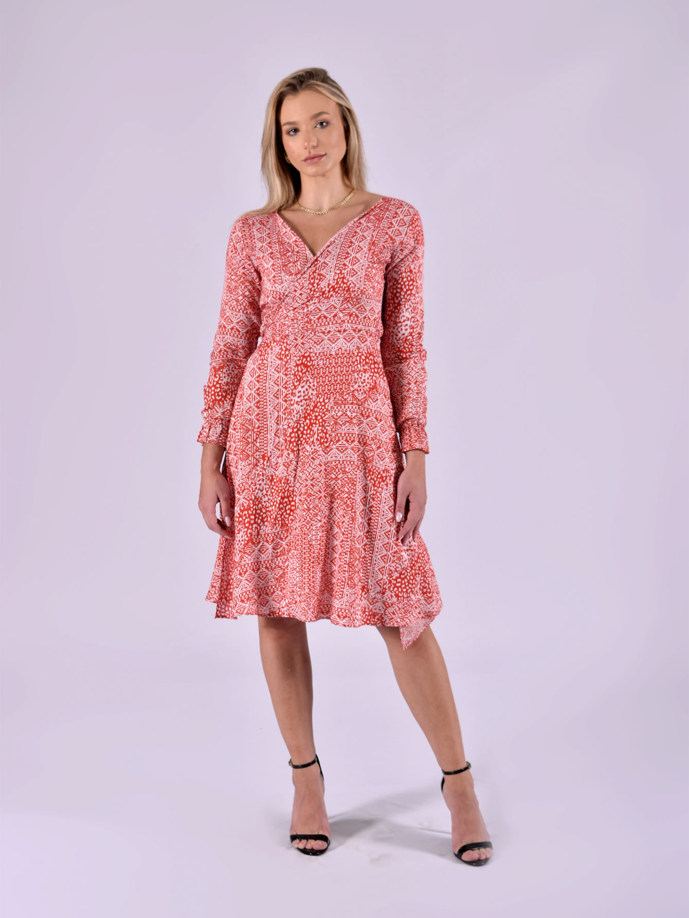 Miniatura Vestido Transpassado Manga Longa Com Amarração na Cintura - Vermelho e branco G