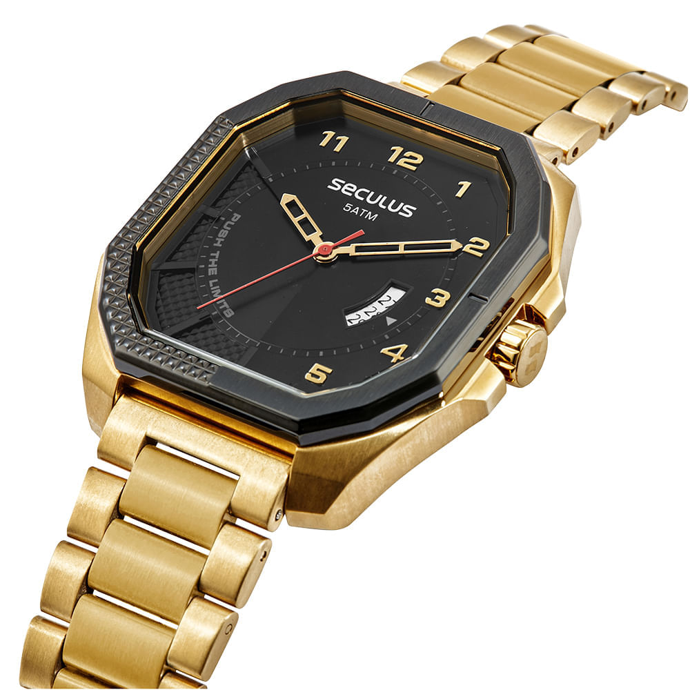 Miniatura Relógio Masculino Hexagonal Aço Dourado