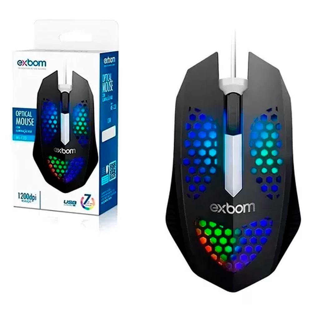 Miniatura Mouse Óptico Usb Rgb Ms-C33 Preto 1200 Dpi Exbom