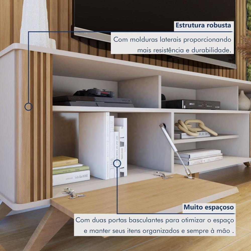 Rack Bancada Mariana Pés Madeira Maciça com Painel Vitória para TV até 65 Polegadas Off White/Cinamomo