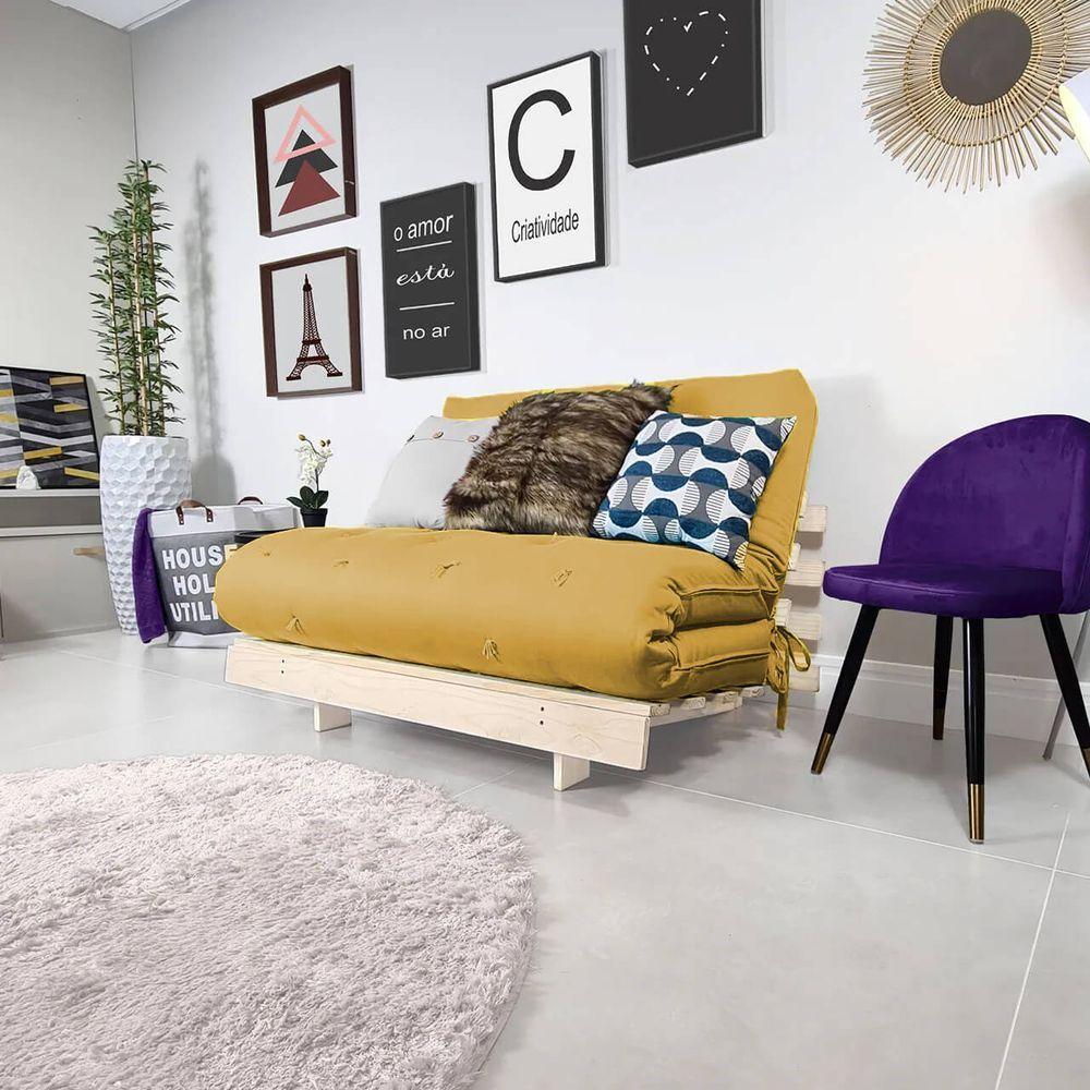Miniatura Futon Casal Tokio Sofa Cama Amarelo Acquablock Com Madeira Maciça