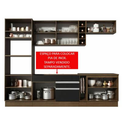 Cozinha Completa Madesa Vicenza com Armário e Balcão (Sem Tampo e Pia) Rustic/Preto/Crema Cor:Rustic/Preto/Crema