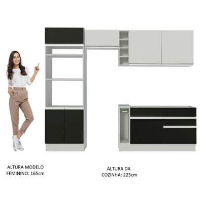 Miniatura Cozinha Completa Madesa Jade com Armário e Balcão (Sem Tampo e Pia) Branco/Preto/Branco Cor:Branco/Preto/Branco