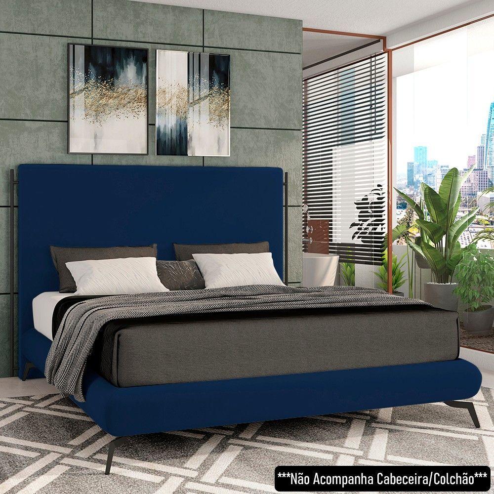 Cama Casal Base Box 138x188cm Pés De Ferro Cold P02 Veludo Azul - Mpozenato