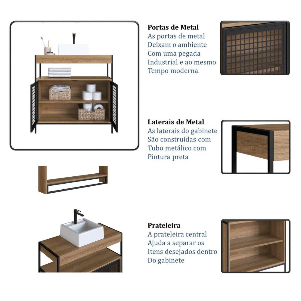 Armário Gabinete de Banheiro 80cm Estilo Industrial com 2 Portas Preto/Mel