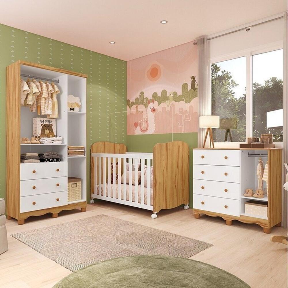 Quarto de Bebê Completo com Guarda Roupa 3 Portas Cômoda e Berço 100% Mdf Mimo Espresso Móveis Branco Brilho/Amêndoa