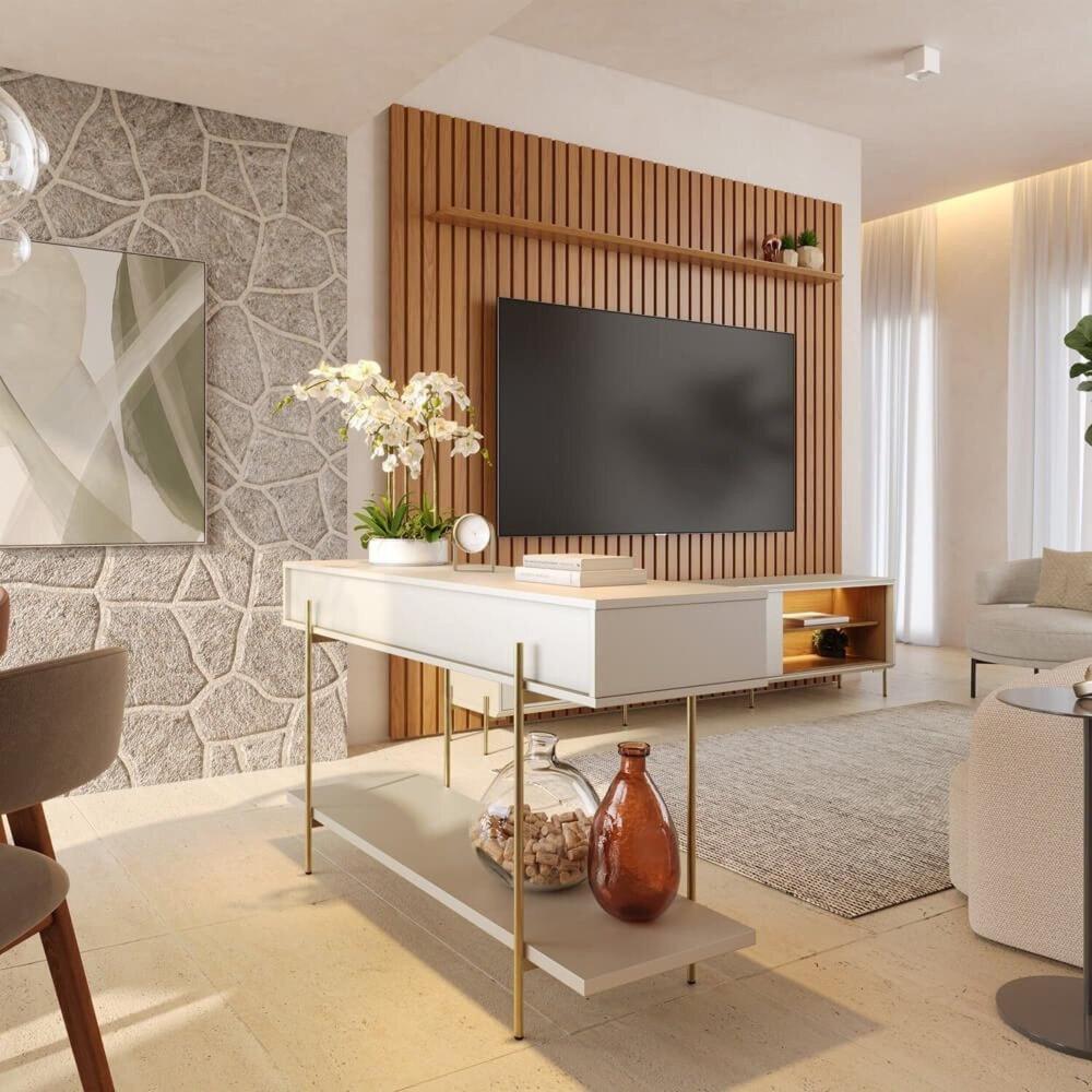 Aparador Divisor de Ambientes 136cm 1 Porta Basculante e Pés em Metal Sena Off White Matte / Freijó