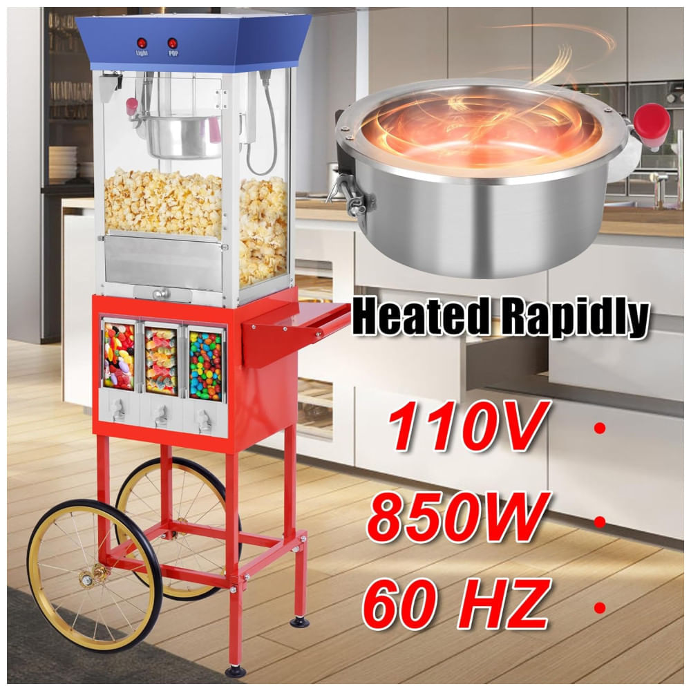 Miniatura Máquina de Pipoca Profissional Vintage com Carrinho Móvel e Capacidade de 0,28g Fredeer 110v