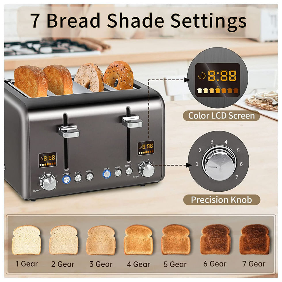 Torradeira Elétrica 4 Fatias, Aço Inoxidável 1800W, 110v, SEEDEEM, Cinza escuro