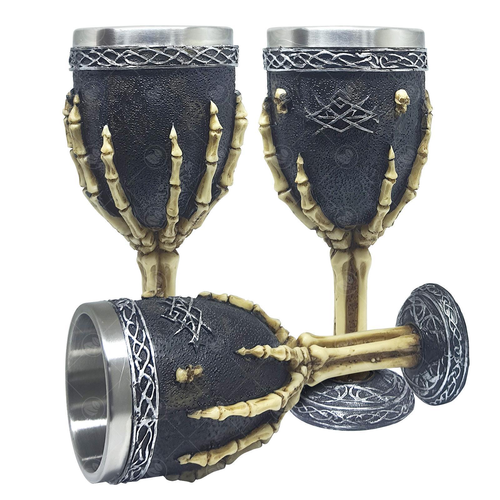 Miniatura Kit 3 Taça Cálice Termica Inox Relevo Medieval Caveira 200Ml