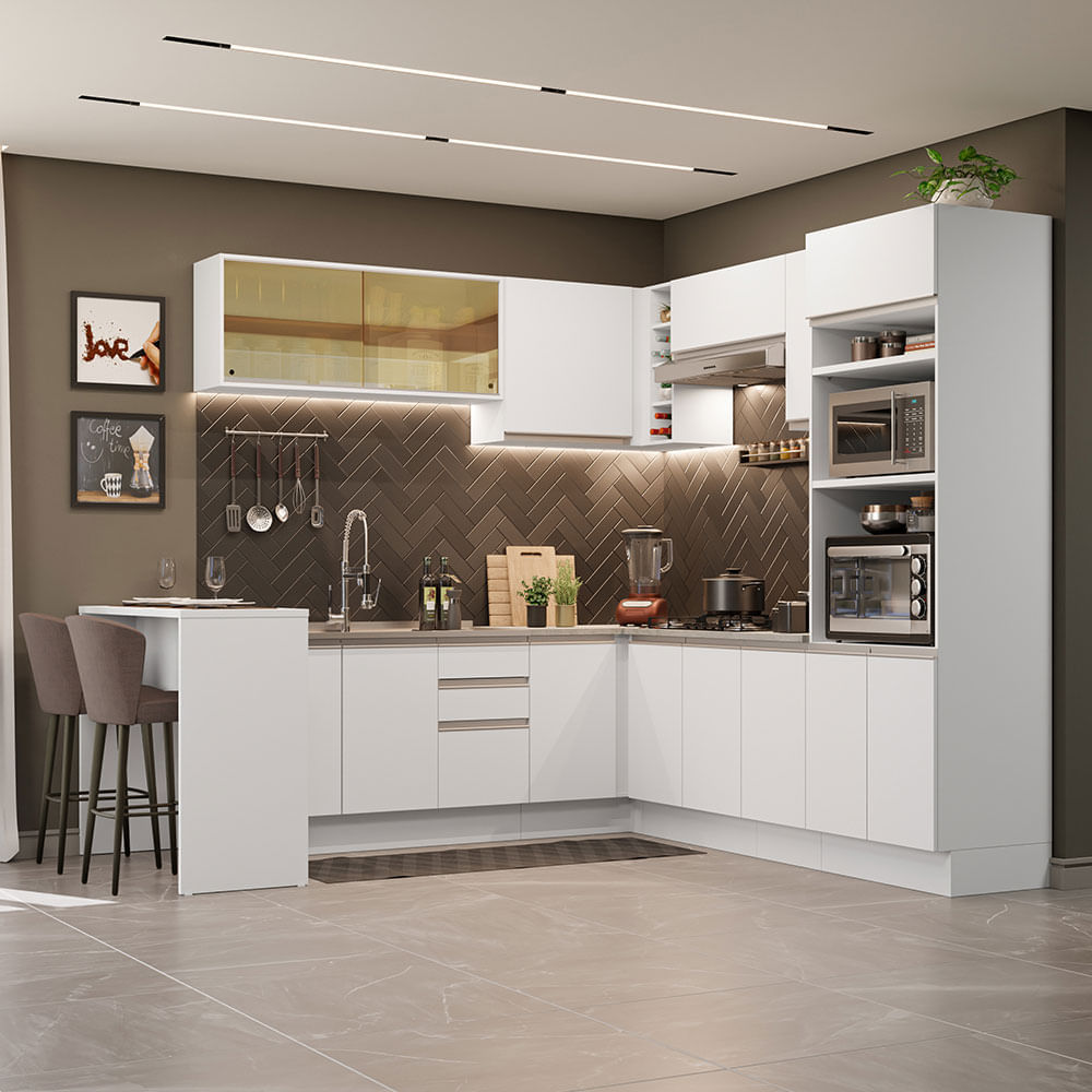 Miniatura Cozinha Completa de Canto Madesa Glamy 504001 com Armário e Bancada (Sem Tampo e Pia) Branco Cor:Branco