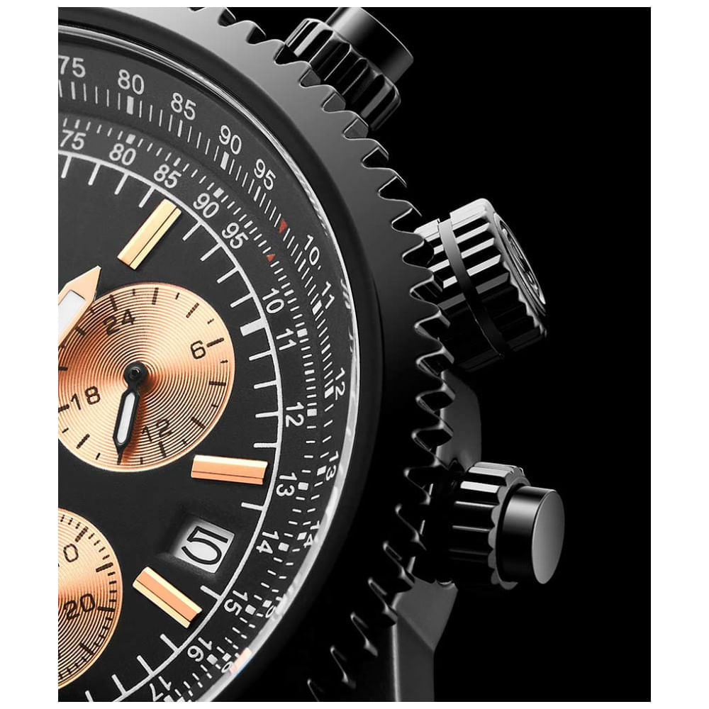 Miniatura Relógio Cronógrafo Stuhrling Monaco 669M e 3976 de 42mm, Mostrador Preto e Pulseira de Aço Inoxidável Preto