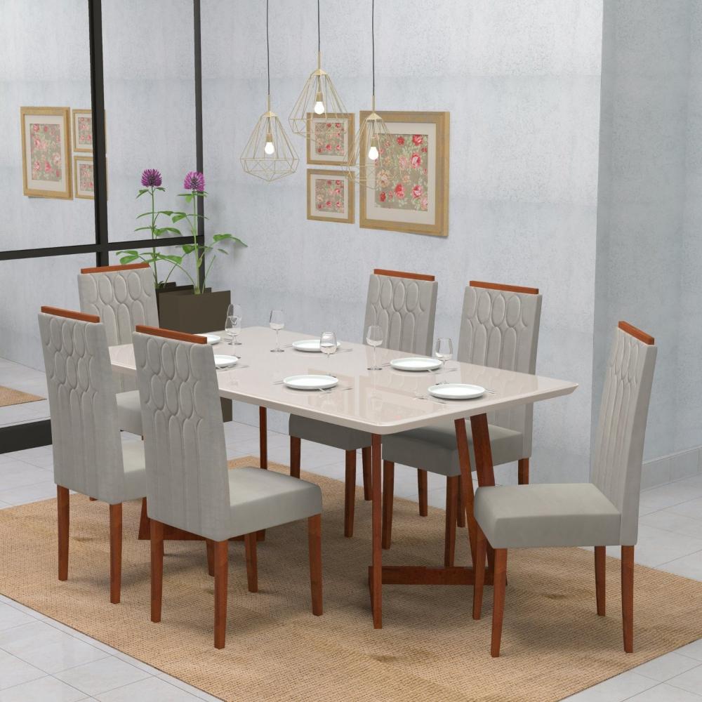 Miniatura Conjunto Sala de Jantar 6 Lugares Madeira Eucalipto Ametista Móveis Meneghetti Caramelo/Bege Claro