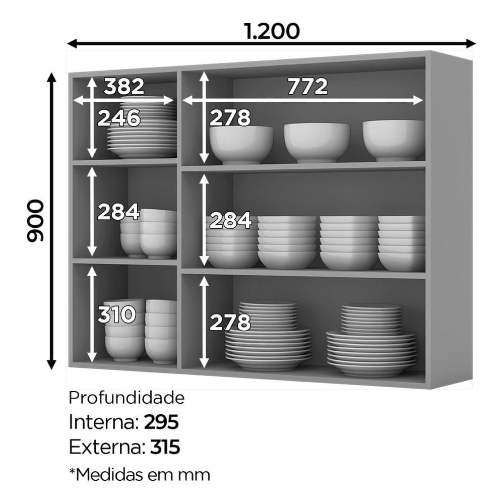 Miniatura Armário Aéreo para Cozinha 120cm 3 Portas com Vidro Ketlin Henn Cinza