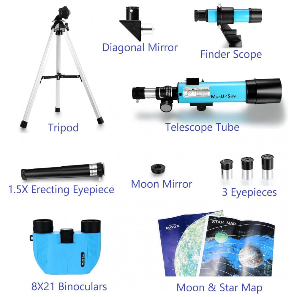 Telescópio Astronômico 8x21 com Binóculos HD, Mira Finder e 3 Oculares, MaxUSee F36050, Azul Claro