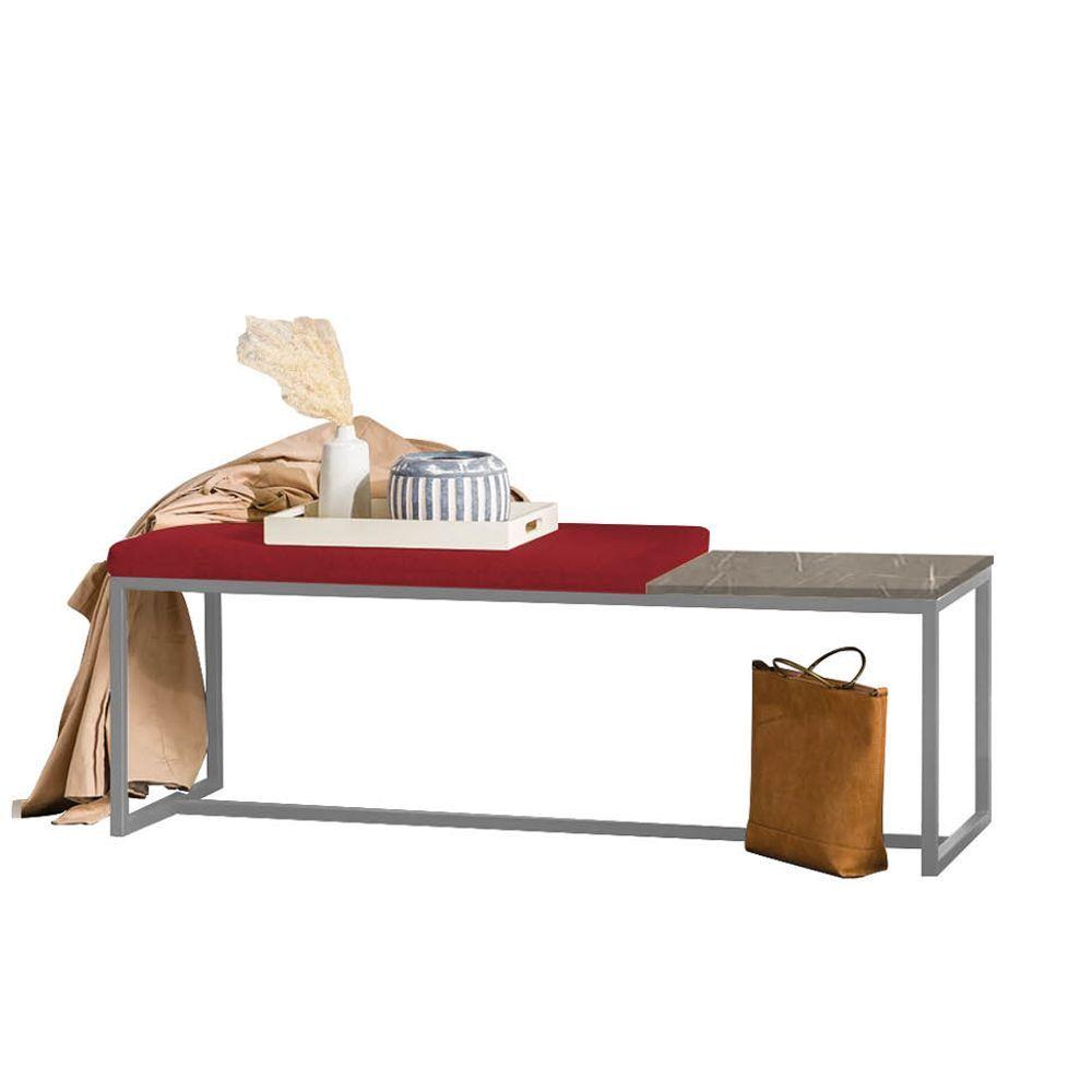 Miniatura Banco Recamier Puff 140cm Industrial Cinza Suede Vermelho Tampo Quadrado Mdf Marmorizado