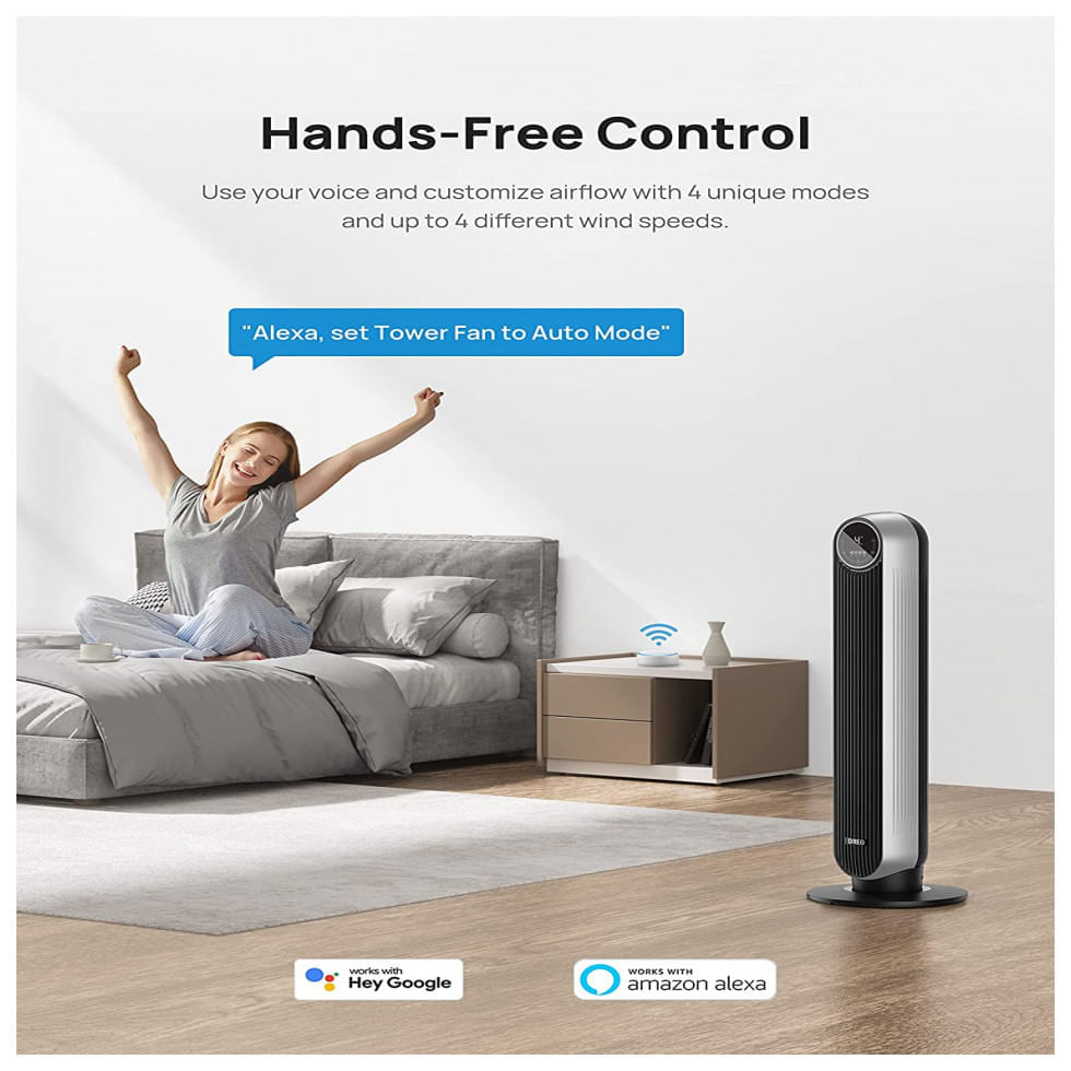 Miniatura Ventilador de Torre Dreo DR HTF007S com 4 Velocidades, Controle Remoto, Tela LED e Controle de Voz, 110V, Cinza