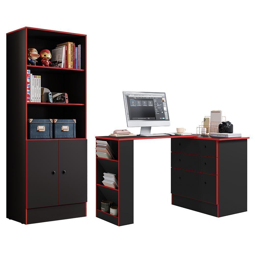 Miniatura Conjunto Gamer Armário 2 Portas E Mesa Giratória Preto Fosco-vermelho - Qmovi Preto Fosco-vermelho