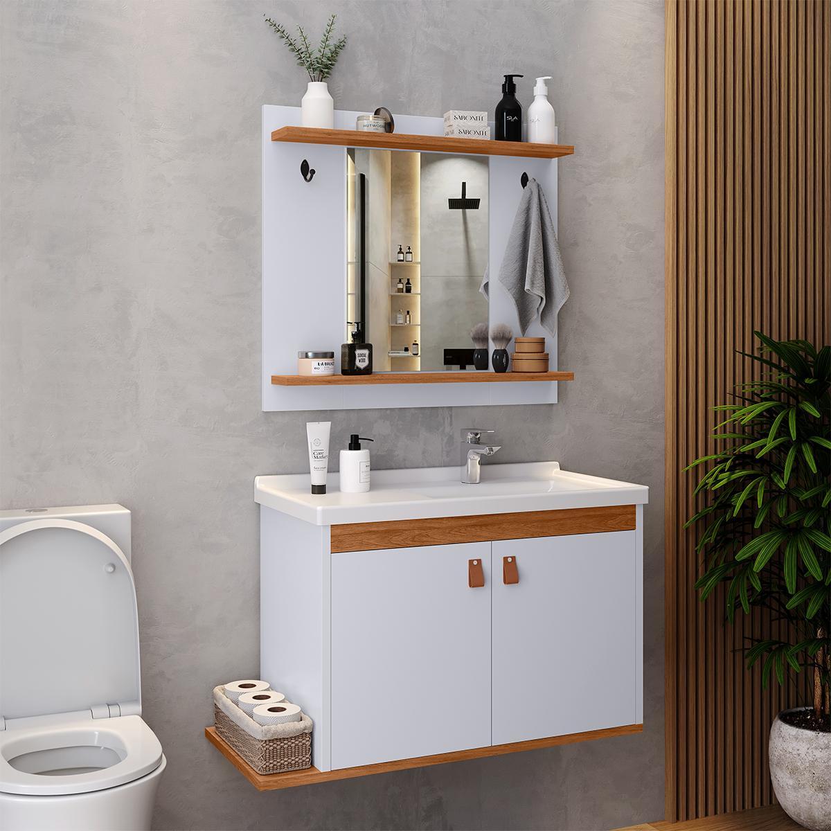 Miniatura Gabinete Banheiro Com Pia E Espelheira Arion - Branco/Nature