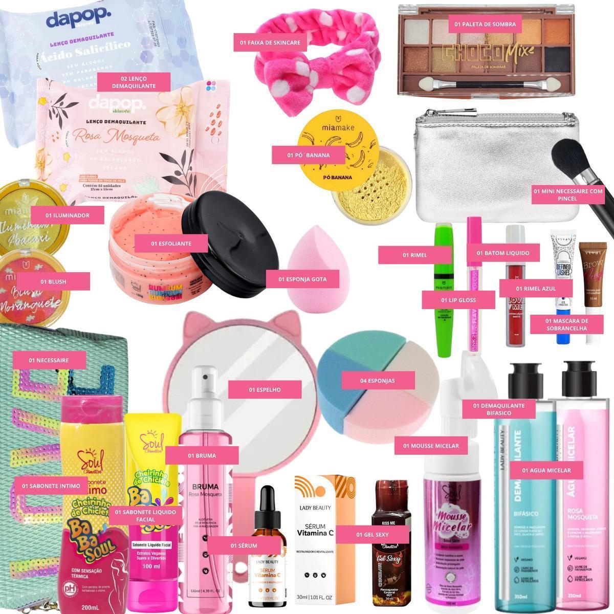 Miniatura Kit Balde De Maquiagem Batom Paleta De Sombras E Skin Care