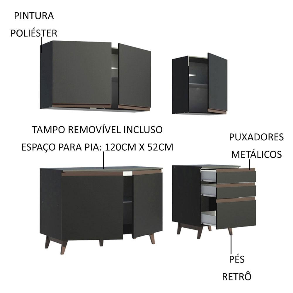 Miniatura Armário de Cozinha Compacta Madesa Reims com Balcão 5 Portas 3 Gavetas Preto Preto