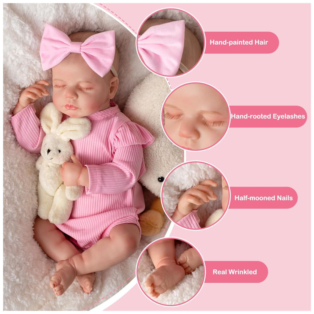 Miniatura Bebê Recém-Nascido Newborn, Boneca Bebê Reborn Realista de 45 cm Menina com Corpo de Pano e Kit de Alimentação, SPICIMOMO