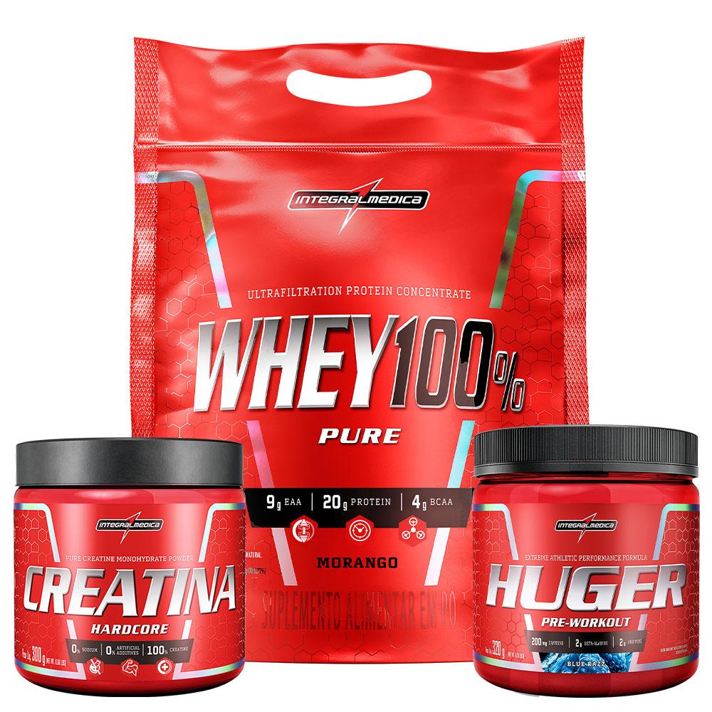Kit Whey 100% 900g Pouch Morango + Creatina 100% Pura 300g + Huger 320g